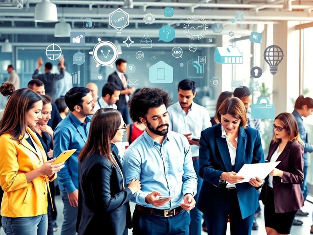 Imagini cu profesioniști colaborând în diverse industrii.