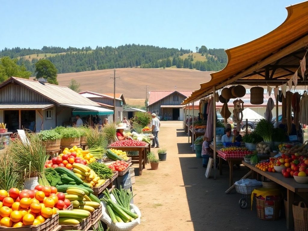 Piață rurală cu produse locale și standuri de afaceri.