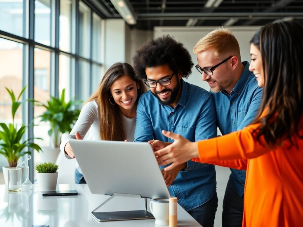 Echipa diversă colaborează la soluții digitale în birou.