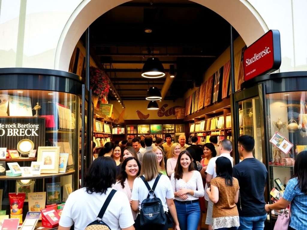 Clienți fericiți intrând într-un magazin vibrant.