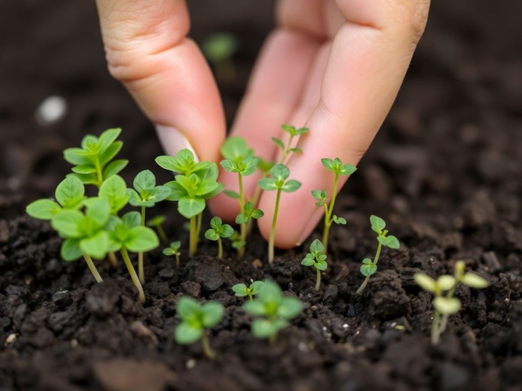 Mână plantând răsaduri diferite în pământ fertil.