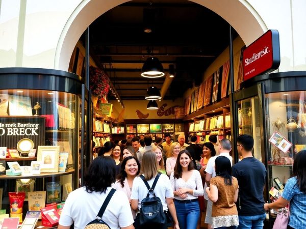 Clienți fericiți intrând într-un magazin vibrant.